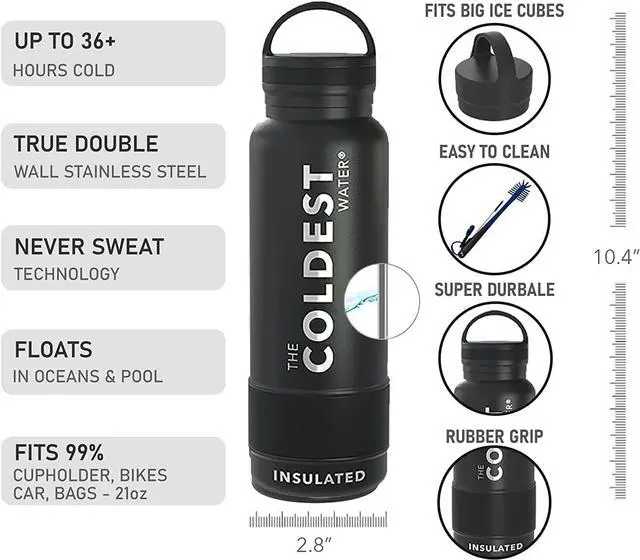 Alt view image 4 of 7 - Coldest Insulated Water Bottle with Handle Lid | Leak Proof, Simple Insulated Modern Stainless Steel, Double Walled, Sport Thermos Bottles, Metal Flask | 21oz
