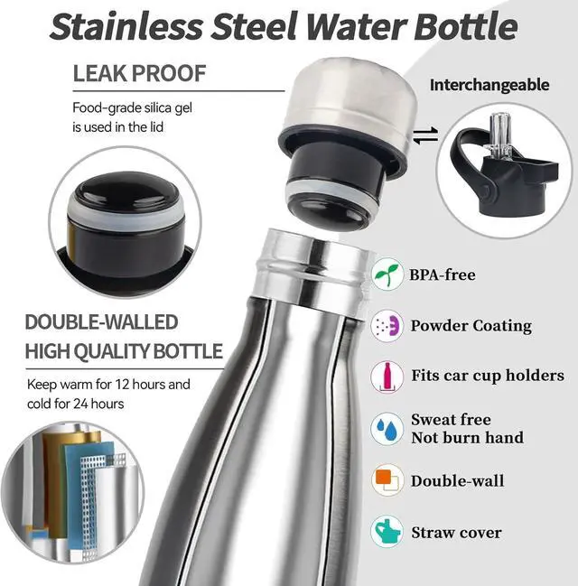 Alt view image 3 of 7 - Insulated Water Bottle,2 Pack-12oz Stainless Steel Water Bottles with straw lid,Metal Sports Thermos Water Bottles for Boys,Girls,Double Wall Vacuum BPA-Free Flask for School,Sports & Travel-Silver