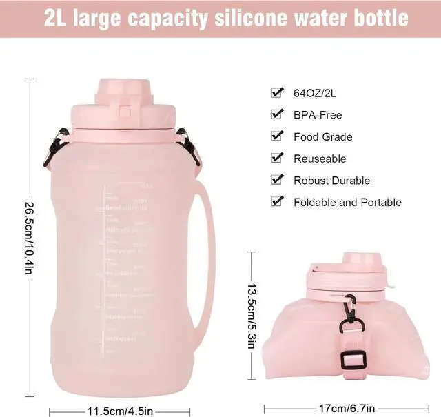 Alt view image 4 of 7 - Collapsible Water Bottles, 2L/64OZ travel water bottle Bottle with Straw, Half Gallon Large Water Bottle for Travel Outdoor Sports Runing Fitness Yoga (Upgraded pink)