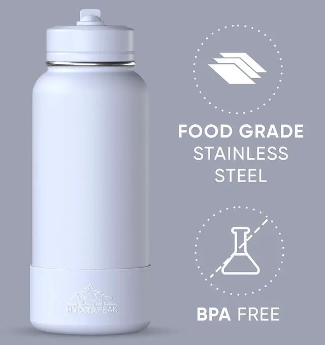 Alt view image 4 of 7 - Hydrapeak 32oz Sport Insulated Water Bottle with Straw or Chug Lid, Leak & Spill Proof, Keeps Drinks Cold for 24 Hours, Hot for 12 Hours, Premium Stainless Steel Water Bottles (32oz, Ice)