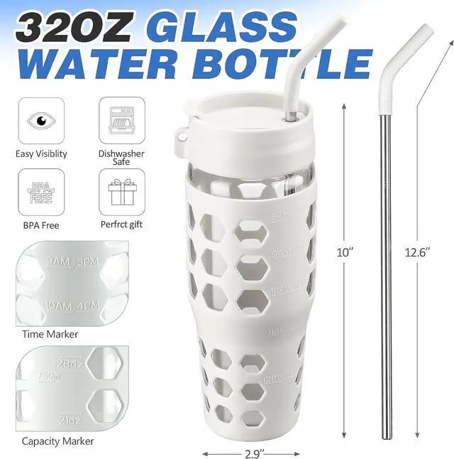 Alt view image 2 of 7 - MUKOKO 32 oz Glass Tumbler with Straw,Glass Water Bottles with Time Marker,Iced Coffee Cup with 2 Lids-Handle Spout Lid&Straw Lid,Silicone Sleeve,Leakproof,1 Pack-White