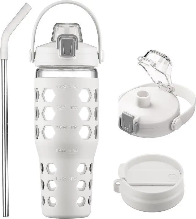 Main image of MUKOKO 32 oz Glass Tumbler with Straw,Glass Water Bottles with Time Marker,Iced Coffee Cup with 2 Lids-Handle Spout Lid&Straw Lid,Silicone Sleeve,Leakproof,1 Pack-White