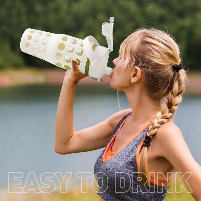 Alt view image 6 of 7 - MUKOKO 32 oz Glass Tumbler with Straw,Glass Water Bottles with Time Marker,Iced Coffee Cup with 2 Lids-Handle Spout Lid&Straw Lid,Silicone Sleeve,Leakproof,1 Pack-White
