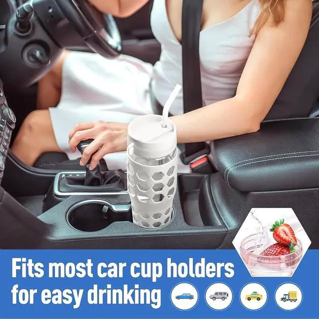 Alt view image 5 of 7 - MUKOKO 32 oz Glass Tumbler with Straw,Glass Water Bottles with Time Marker,Iced Coffee Cup with 2 Lids-Handle Spout Lid&Straw Lid,Silicone Sleeve,Leakproof,1 Pack-White