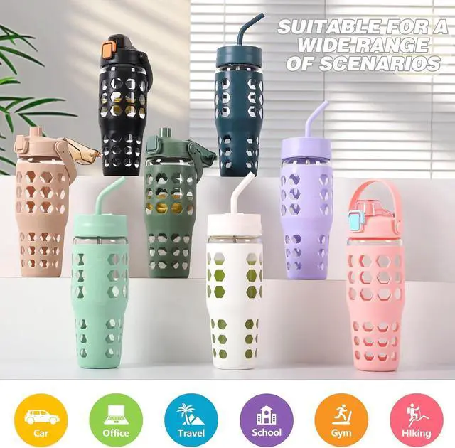 Alt view image 7 of 7 - MUKOKO 32 oz Glass Tumbler with Straw,Glass Water Bottles with Time Marker,Iced Coffee Cup with 2 Lids-Handle Spout Lid&Straw Lid,Silicone Sleeve,Leakproof,1 Pack-White