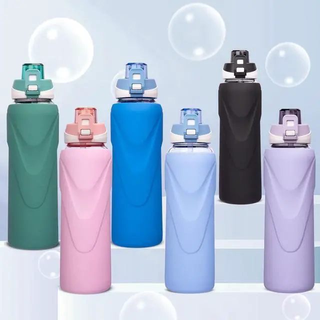 Alt view image 2 of 7 - 32 oz Sports Glass Water Bottle with Straw & Silicone Sleeve Reusable BPA-free Borosilicate Glass Drinking Bottle with Flip Top Lid & Handle Wide Mouth (Sky Blue)