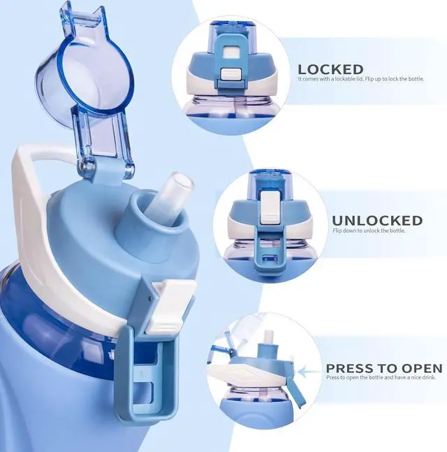 Alt view image 3 of 7 - 32 oz Sports Glass Water Bottle with Straw & Silicone Sleeve Reusable BPA-free Borosilicate Glass Drinking Bottle with Flip Top Lid & Handle Wide Mouth (Sky Blue)