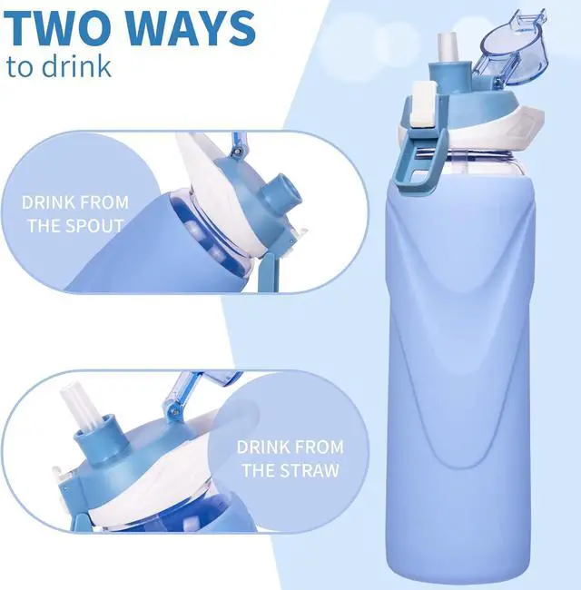 Alt view image 4 of 7 - 32 oz Sports Glass Water Bottle with Straw & Silicone Sleeve Reusable BPA-free Borosilicate Glass Drinking Bottle with Flip Top Lid & Handle Wide Mouth (Sky Blue)