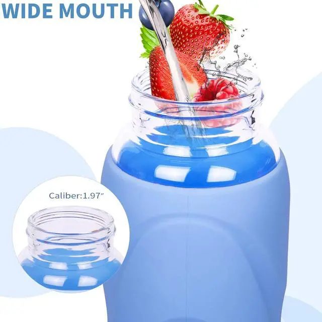 Alt view image 5 of 7 - 32 oz Sports Glass Water Bottle with Straw & Silicone Sleeve Reusable BPA-free Borosilicate Glass Drinking Bottle with Flip Top Lid & Handle Wide Mouth (Sky Blue)