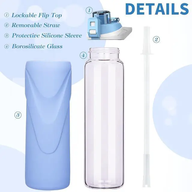 Alt view image 6 of 7 - 32 oz Sports Glass Water Bottle with Straw & Silicone Sleeve Reusable BPA-free Borosilicate Glass Drinking Bottle with Flip Top Lid & Handle Wide Mouth (Sky Blue)