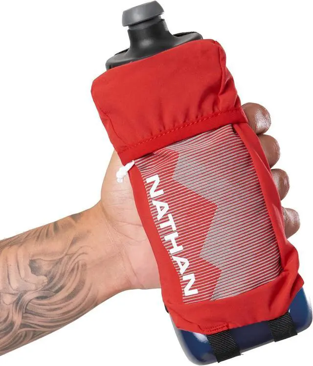 Alt view image 3 of 7 - Nathan Running Handheld Quick Squeeze Water Bottle. No-Grip Adjustable Hand Strap. 12oz / 18oz / Insulated. Reflective Hydration Water Bottle.
