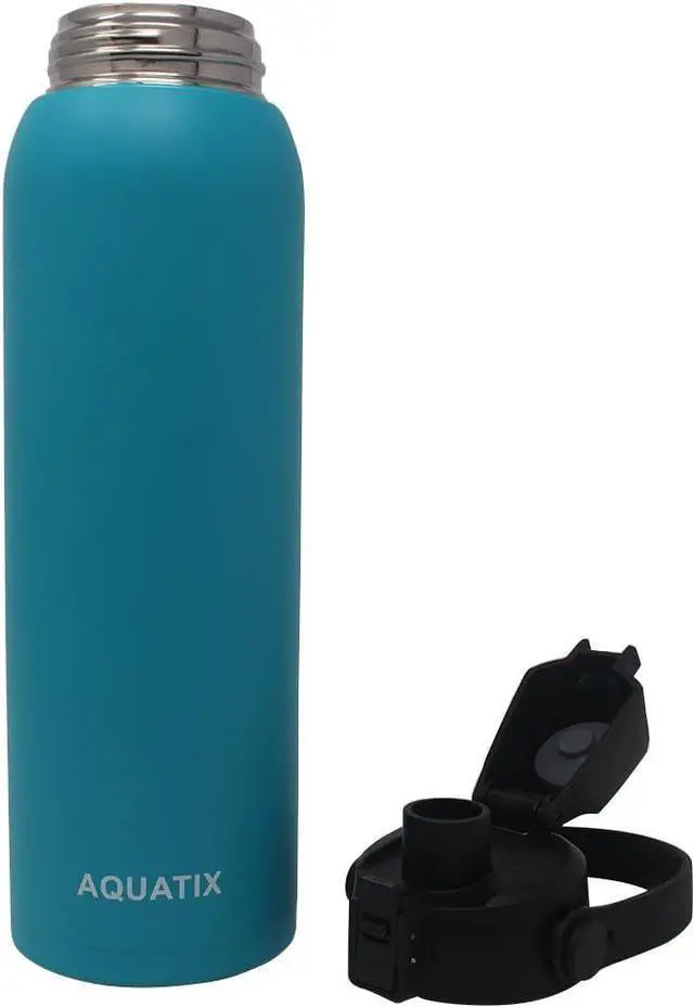 Alt view image 5 of 6 - New Aquatix (Turquoise, 32 Ounce) Pure Stainless Steel Double Wall Vacuum Insulated Sports Water Bottle Convenient Flip Top Cap with Removable Strap Handle - Keeps Drink Cold 24 hr/Hot 6 hr