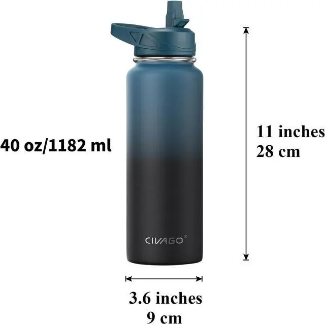 Alt view image 4 of 5 - CIVAGO 40 oz Insulated Water Bottle With Straw, Stainless Steel Sports Water Cup Flask with 3 Lids (Straw, Spout and Handle Lid), Double Walled Travel Thermal Canteen Mug, Midnight Black