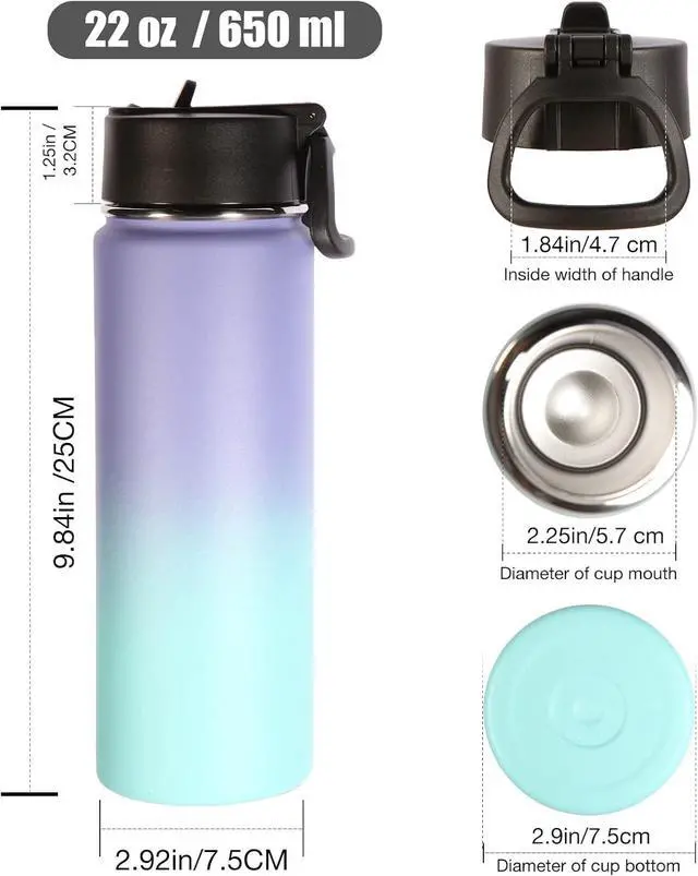 Alt view image 2 of 7 - Volhoply Insulated Water Bottles with Straw Bulk 2 Pack, 22 oz Stainless Steel Sports Bottle with Handle Lid,Double Wall Vacuum Metal Travel Water Thermos with Wide Mouth for Hiking(Purple Blue,2 Set)