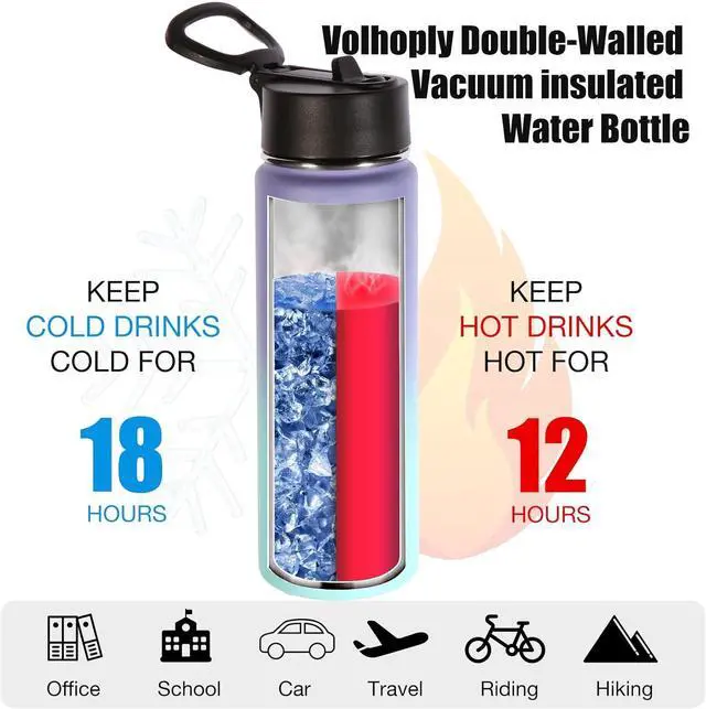 Alt view image 3 of 7 - Volhoply Insulated Water Bottles with Straw Bulk 2 Pack, 22 oz Stainless Steel Sports Bottle with Handle Lid,Double Wall Vacuum Metal Travel Water Thermos with Wide Mouth for Hiking(Purple Blue,2 Set)