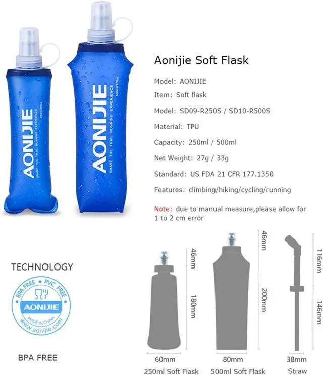 Alt view image 2 of 7 - AONIJIE 2 Pack Soft Water Bottle, TPU Collapsible Flask Foldable Bottles for Hydration Pack, BPA-Free, for Running Hiking Cycling Climbing (2 Pcs - 250ml)