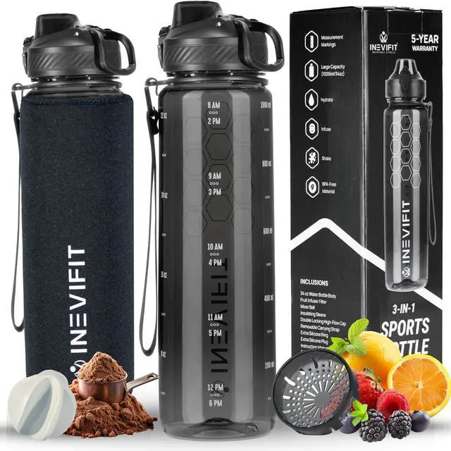 Main image of INEVIFIT 3-in-1 Sports Water Bottle 34oz 1L Hydration Tracking Water Bottles with Daily Time Marker BPA Free Tritan Leak Proof with Fruit Infuser Filter, Mixer Ball, Insulating Sleeve & Carrying Strap