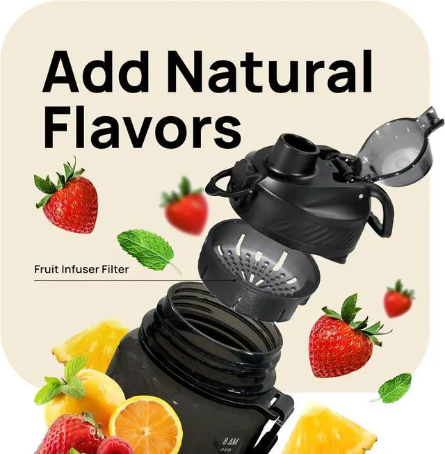 Alt view image 4 of 6 - INEVIFIT 3-in-1 Sports Water Bottle 34oz 1L Hydration Tracking Water Bottles with Daily Time Marker BPA Free Tritan Leak Proof with Fruit Infuser Filter, Mixer Ball, Insulating Sleeve & Carrying Strap