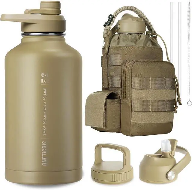 Main image of OneTigris Tactical Half Gallon Water Bottle with Straw - 64 oz Vacuum Insulated Stainless Steel Water Jug, Leakproof Sport Bottle with 3 BPA Free Lids, Paracord Handle & MOLLE Water Pouch for Outdoor