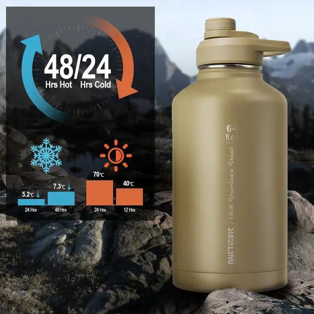 Alt view image 2 of 7 - OneTigris Tactical Half Gallon Water Bottle with Straw - 64 oz Vacuum Insulated Stainless Steel Water Jug, Leakproof Sport Bottle with 3 BPA Free Lids, Paracord Handle & MOLLE Water Pouch for Outdoor