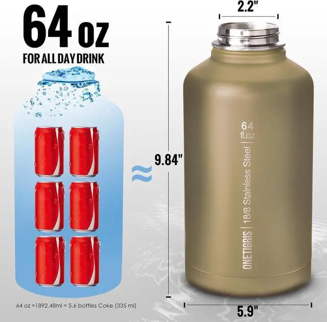 Alt view image 3 of 7 - OneTigris Tactical Half Gallon Water Bottle with Straw - 64 oz Vacuum Insulated Stainless Steel Water Jug, Leakproof Sport Bottle with 3 BPA Free Lids, Paracord Handle & MOLLE Water Pouch for Outdoor