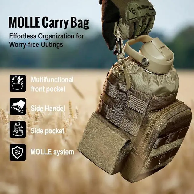 Alt view image 6 of 7 - OneTigris Tactical Half Gallon Water Bottle with Straw - 64 oz Vacuum Insulated Stainless Steel Water Jug, Leakproof Sport Bottle with 3 BPA Free Lids, Paracord Handle & MOLLE Water Pouch for Outdoor