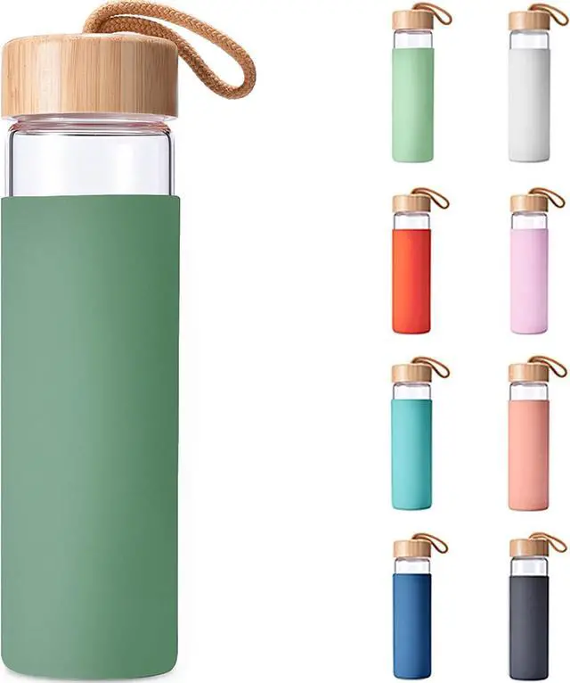 Main image of 20 Oz Borosilicate Glass Water Bottles with Silicone Sleeve BPA Free, Dishwasher Safe - Reusable Clear Glass Drinking with Leak Proof Bamboo Lid | Perfect Gym Water Bottles for Men & Women