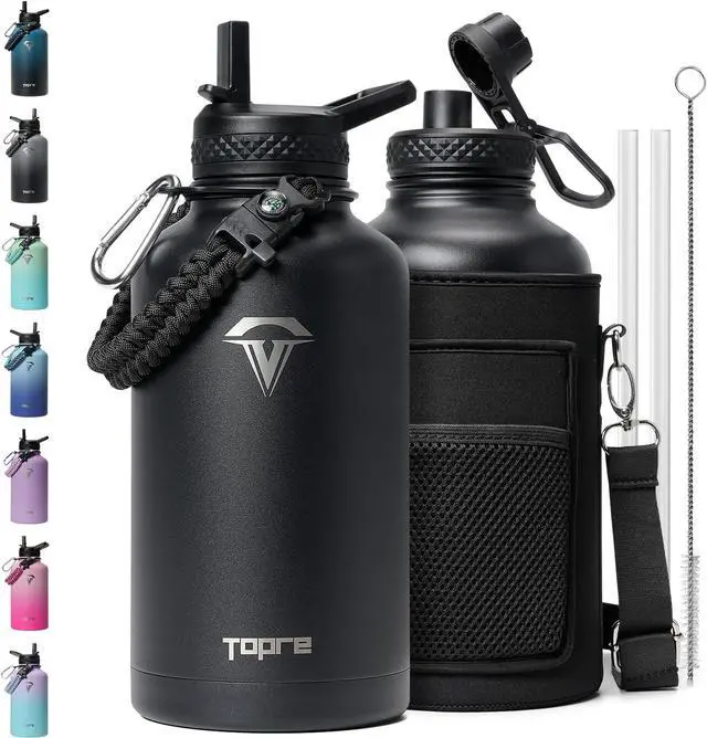 Main image of 64oz Insulated Water Bottle,Half Gallon Water Flask Stainless Steel Vacuum, Cold for 48 Hrs,BPA-Free & Leakproof -with Paracord Handle,Strap,Straw Spout Lids,Large Jug for Gym Sports,Black