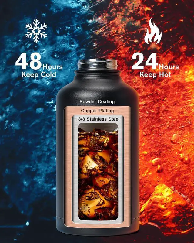 Alt view image 2 of 7 - 64oz Insulated Water Bottle,Half Gallon Water Flask Stainless Steel Vacuum, Cold for 48 Hrs,BPA-Free & Leakproof -with Paracord Handle,Strap,Straw Spout Lids,Large Jug for Gym Sports,Black