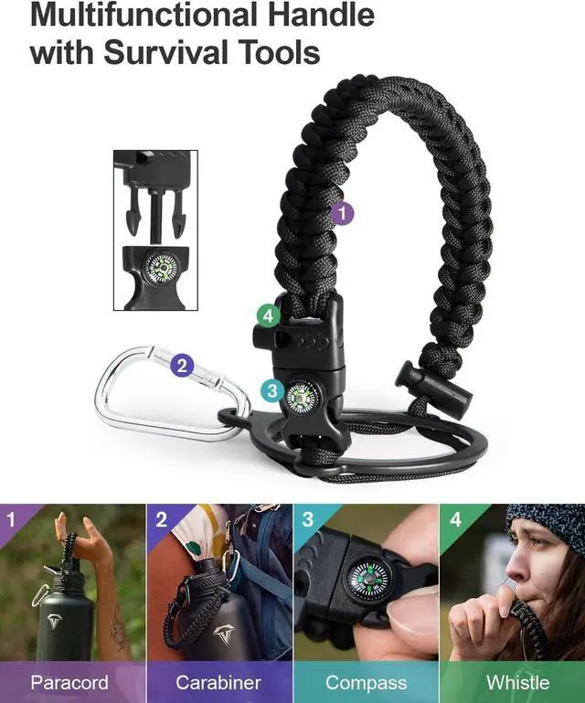 Alt view image 3 of 7 - 64oz Insulated Water Bottle,Half Gallon Water Flask Stainless Steel Vacuum, Cold for 48 Hrs,BPA-Free & Leakproof -with Paracord Handle,Strap,Straw Spout Lids,Large Jug for Gym Sports,Black