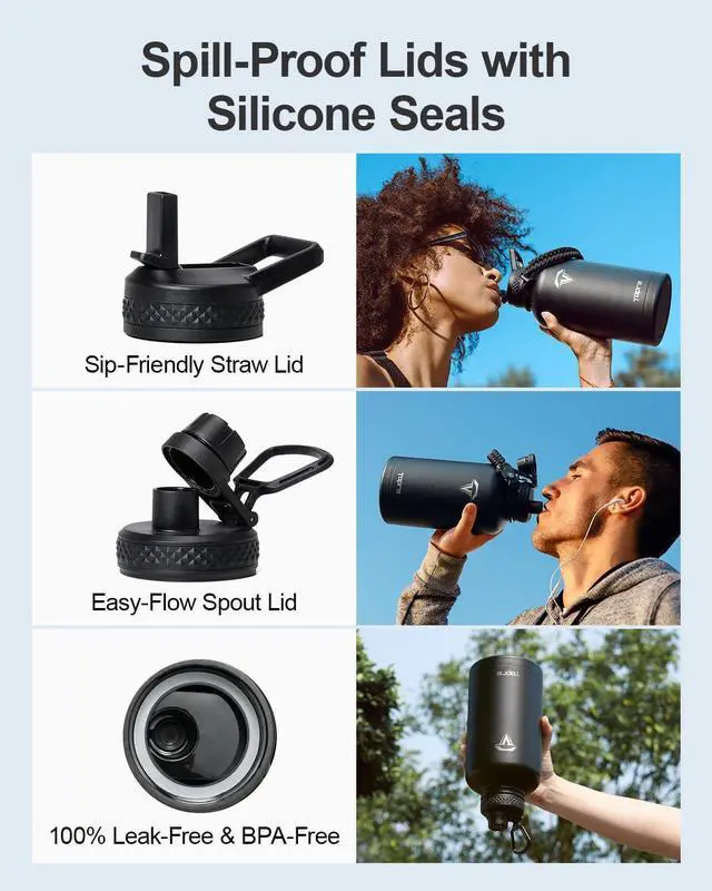 Alt view image 4 of 7 - 64oz Insulated Water Bottle,Half Gallon Water Flask Stainless Steel Vacuum, Cold for 48 Hrs,BPA-Free & Leakproof -with Paracord Handle,Strap,Straw Spout Lids,Large Jug for Gym Sports,Black