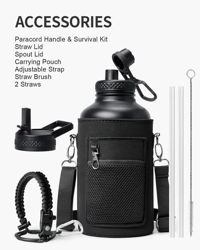 Alt view image 7 of 7 - 64oz Insulated Water Bottle,Half Gallon Water Flask Stainless Steel Vacuum, Cold for 48 Hrs,BPA-Free & Leakproof -with Paracord Handle,Strap,Straw Spout Lids,Large Jug for Gym Sports,Black