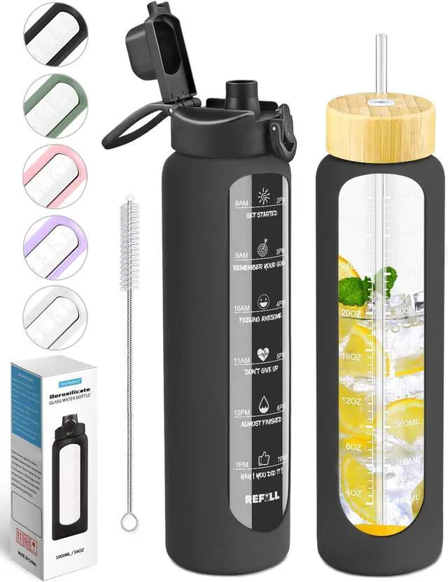 Main image of Nefeeko 32 oz Glass Water Bottles with Straw, Time Marker, Motivational 1 Liter BPA FREE Leakproof Reusable Glass Water Bottle with Silicone Sleeve, Bamboo, Spout Lid