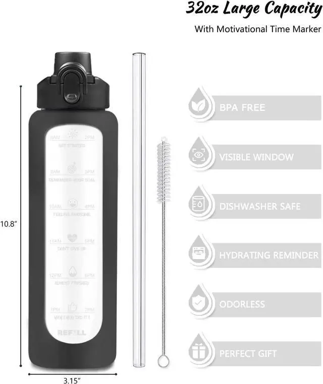 Alt view image 2 of 6 - Nefeeko 32 oz Glass Water Bottles with Straw, Time Marker, Motivational 1 Liter BPA FREE Leakproof Reusable Glass Water Bottle with Silicone Sleeve, Bamboo, Spout Lid