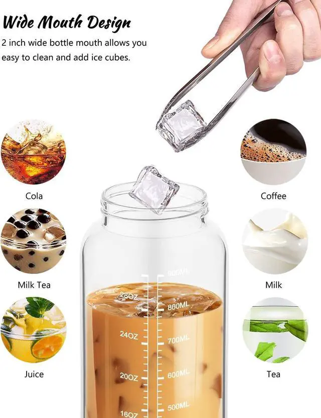 Alt view image 3 of 6 - Nefeeko 32 oz Glass Water Bottles with Straw, Time Marker, Motivational 1 Liter BPA FREE Leakproof Reusable Glass Water Bottle with Silicone Sleeve, Bamboo, Spout Lid