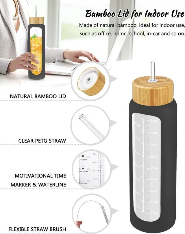 Alt view image 5 of 6 - Nefeeko 32 oz Glass Water Bottles with Straw, Time Marker, Motivational 1 Liter BPA FREE Leakproof Reusable Glass Water Bottle with Silicone Sleeve, Bamboo, Spout Lid