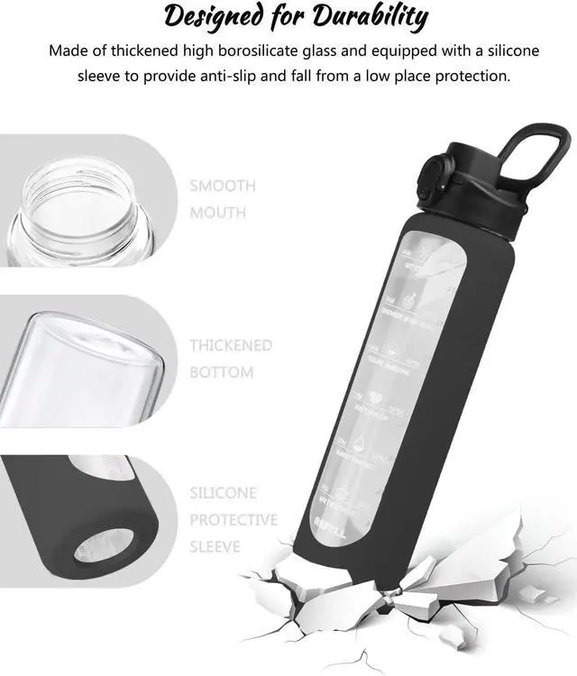 Alt view image 6 of 6 - Nefeeko 32 oz Glass Water Bottles with Straw, Time Marker, Motivational 1 Liter BPA FREE Leakproof Reusable Glass Water Bottle with Silicone Sleeve, Bamboo, Spout Lid