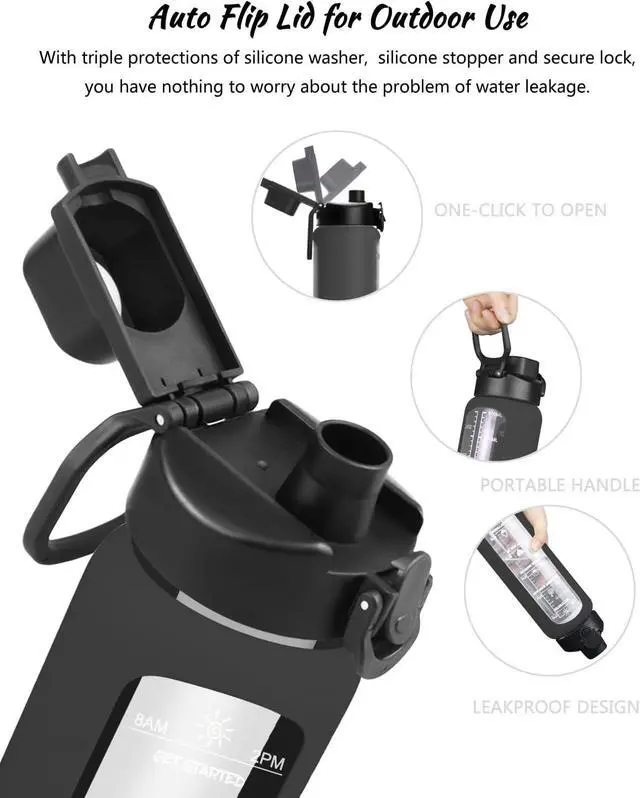 Alt view image 4 of 6 - Nefeeko 32 oz Glass Water Bottles with Straw, Time Marker, Motivational 1 Liter BPA FREE Leakproof Reusable Glass Water Bottle with Silicone Sleeve, Bamboo, Spout Lid