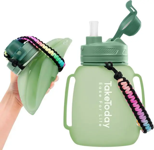 Main image of TakeToday 40 OZ Motivational Water Bottle with Straw and Paracord Handle 1.2L Silicone Sports Water Bottle with Time Marker(Green)