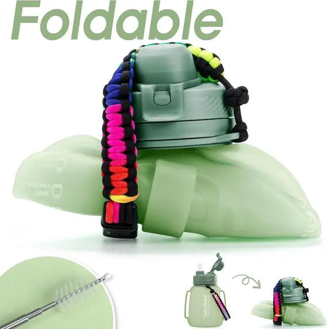 Alt view image 2 of 7 - TakeToday 40 OZ Motivational Water Bottle with Straw and Paracord Handle 1.2L Silicone Sports Water Bottle with Time Marker(Green)