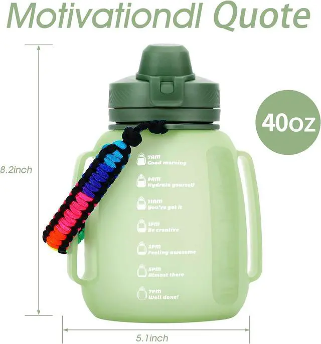 Alt view image 7 of 7 - TakeToday 40 OZ Motivational Water Bottle with Straw and Paracord Handle 1.2L Silicone Sports Water Bottle with Time Marker(Green)