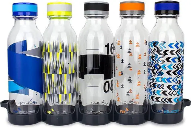 Main image of Reduce WaterWeek Reusable Water Bottle Set, 20oz  Plastic Reusable Water Bottle Set of 5, Plus Fridge Tray  BPA-Free, Leak Proof Twist Off Cap  Trek