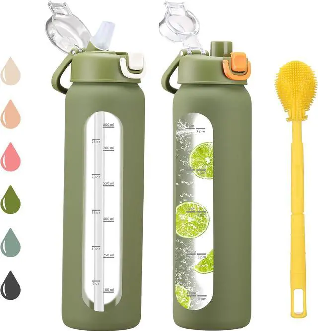 Main image of 32 oz Glass Water Bottles with 2 Lids-Handle Spout Lid & Straw Lid, 1 Liter Motivational Borosilicate Water Bottle with Time Marker and Silicone Sleeve,Leakproof-Army Green-1 Pack