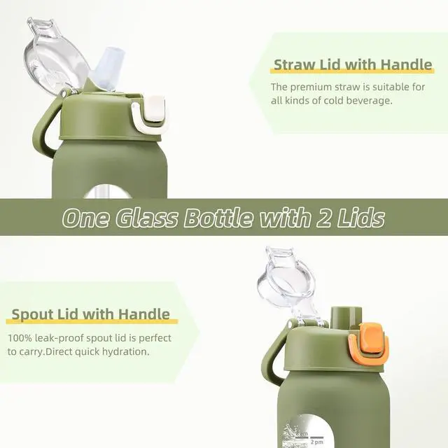 Alt view image 2 of 7 - 32 oz Glass Water Bottles with 2 Lids-Handle Spout Lid & Straw Lid, 1 Liter Motivational Borosilicate Water Bottle with Time Marker and Silicone Sleeve,Leakproof-Army Green-1 Pack
