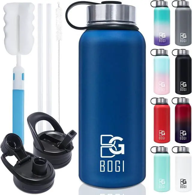 Main image of BOGI Insulated Water Bottle 32 oz, Double Wall Vacuum Stainless Steel Water Bottle with Straw and 3 Lids, Sweat-Proof Wide Mouth Metal Water Bottle Keeps Hot or Cold for Sports Gym Office (Dark blue)