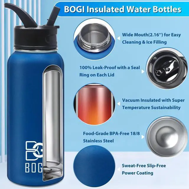 Alt view image 3 of 7 - BOGI Insulated Water Bottle 32 oz, Double Wall Vacuum Stainless Steel Water Bottle with Straw and 3 Lids, Sweat-Proof Wide Mouth Metal Water Bottle Keeps Hot or Cold for Sports Gym Office (Dark blue)