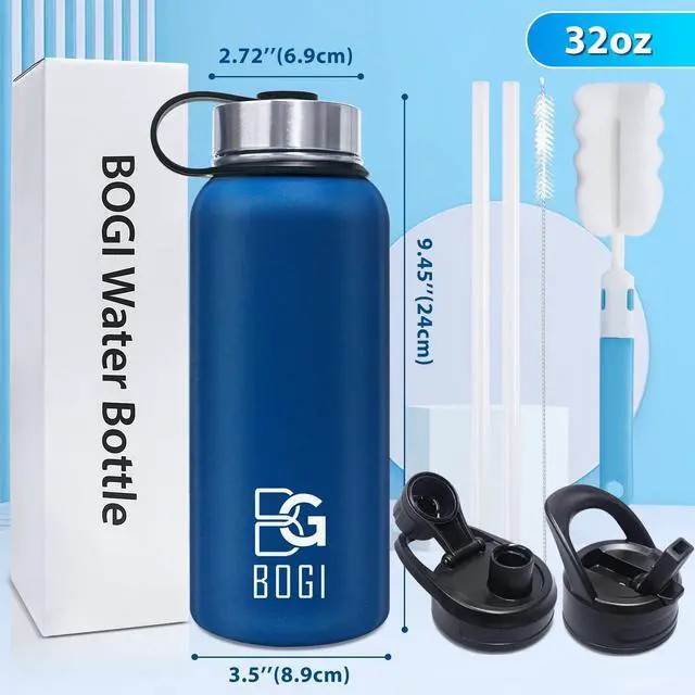 Alt view image 2 of 7 - BOGI Insulated Water Bottle 32 oz, Double Wall Vacuum Stainless Steel Water Bottle with Straw and 3 Lids, Sweat-Proof Wide Mouth Metal Water Bottle Keeps Hot or Cold for Sports Gym Office (Dark blue)