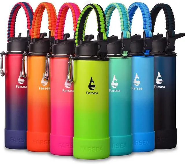 Main image of Farsea Insulated Water Bottle With Paracord Handle, Protective Silicone Boot and 2 Lids (Straw Lid & Spout Lid), Stainless Steel Water Bottle Wide Mouth, Double Wall Sweat-Proof BPA-Free, 24 oz