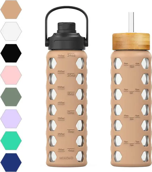 Main image of MUKOKO 24oz Glass Water Bottle with 2 Lids-Handle Flip Lid&Bamboo Straw Lid,Motivational Water Tumbler with Time Marker Reminder and Silicone Sleeve, Leakproof-Amber