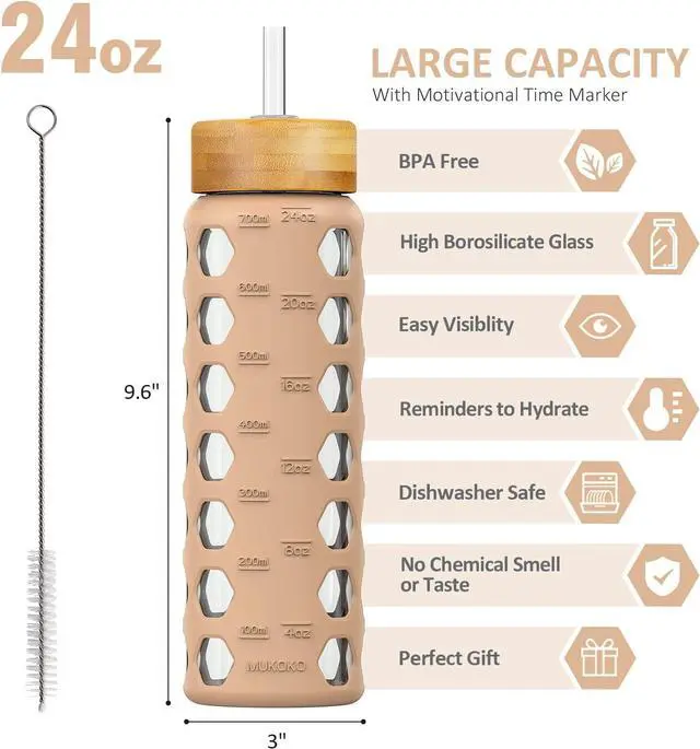 Alt view image 2 of 7 - MUKOKO 24oz Glass Water Bottle with 2 Lids-Handle Flip Lid&Bamboo Straw Lid,Motivational Water Tumbler with Time Marker Reminder and Silicone Sleeve, Leakproof-Amber